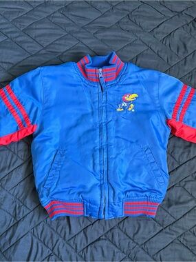 STARTER Kansas Jayhawks Blue and Red Kids Bomber Jacket with Team Patch
